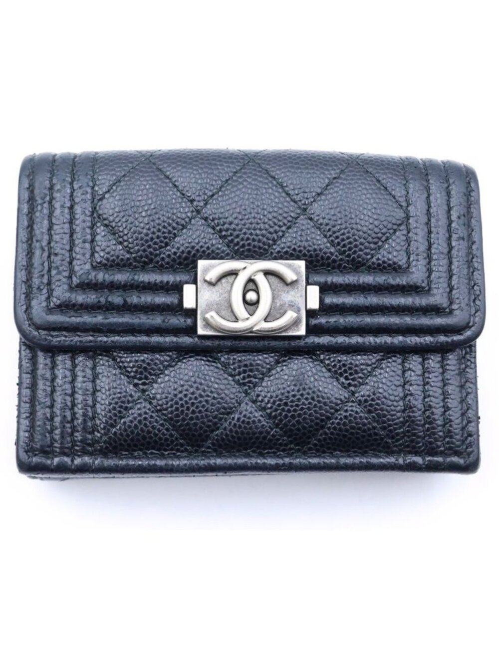Chanel Boy Trifold Wallet Compact Coin Purse Black Caviar Leather Silver